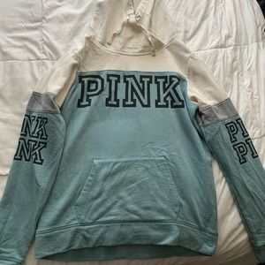 Pink Victorias Secret Blue White Hoodie Cross Neck Sweater Size XS